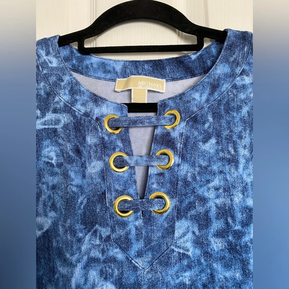 MICHAEL KORS Sleeveless Tie Dyed Denim Blue Lace Up Neck Tank Mini Dress Size L - Picture 4 of 14
